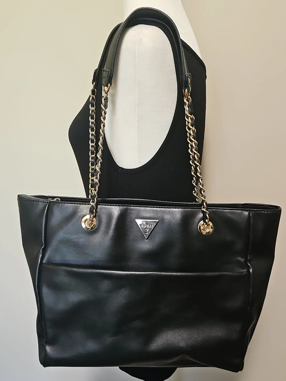 GUESS Black Faux Leather Tote with Gold Chain Straps - Picture 1 of 6